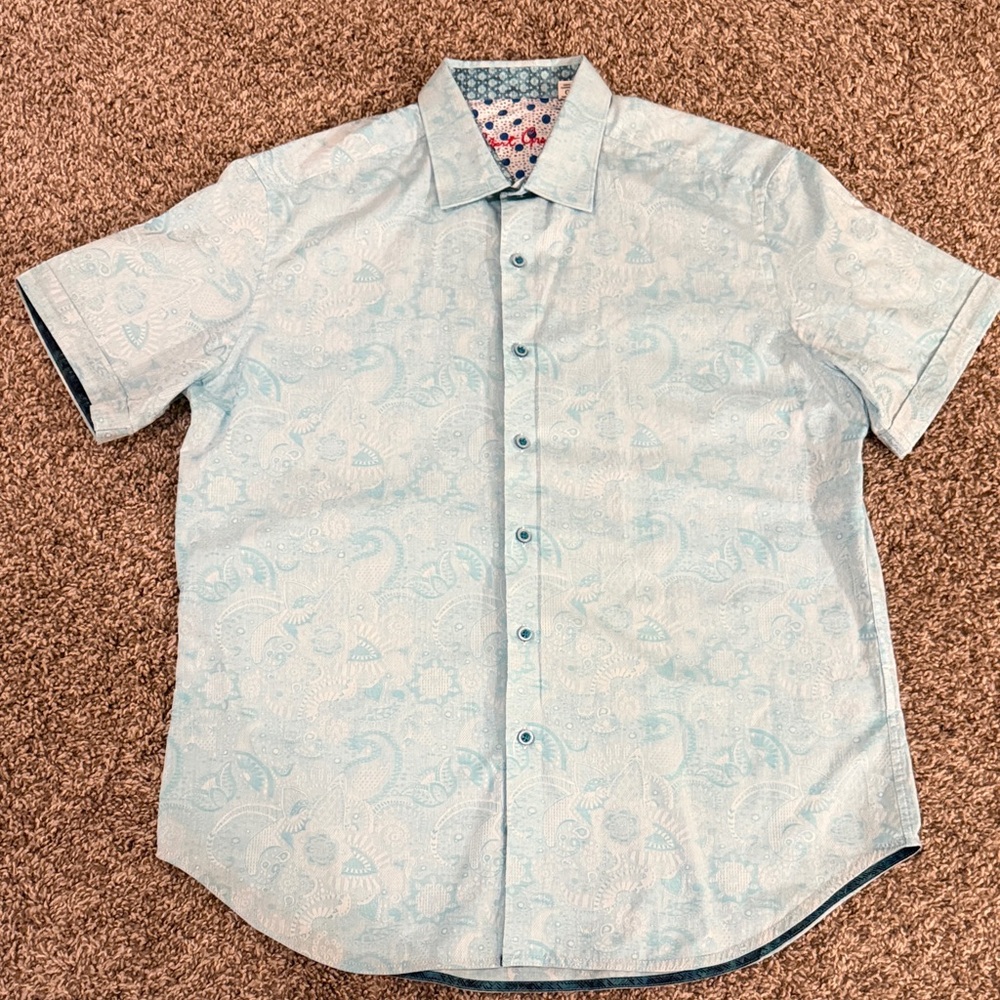 Robert Graham Short Sleeve Light Blue Paisley Button Down Shirt